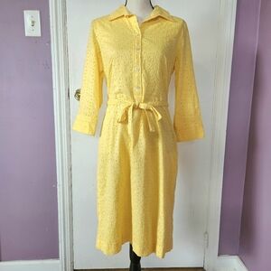 Talbots Yellow 100% Cotton Floral Eyelet Collared 3/4 Sleeve Midi Dress